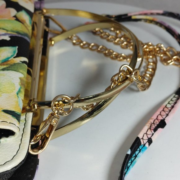 Black Floral Clutch Wallet Purse Handbag Metal Handles w Crossbody Chain Strap - Picture 4 of 9